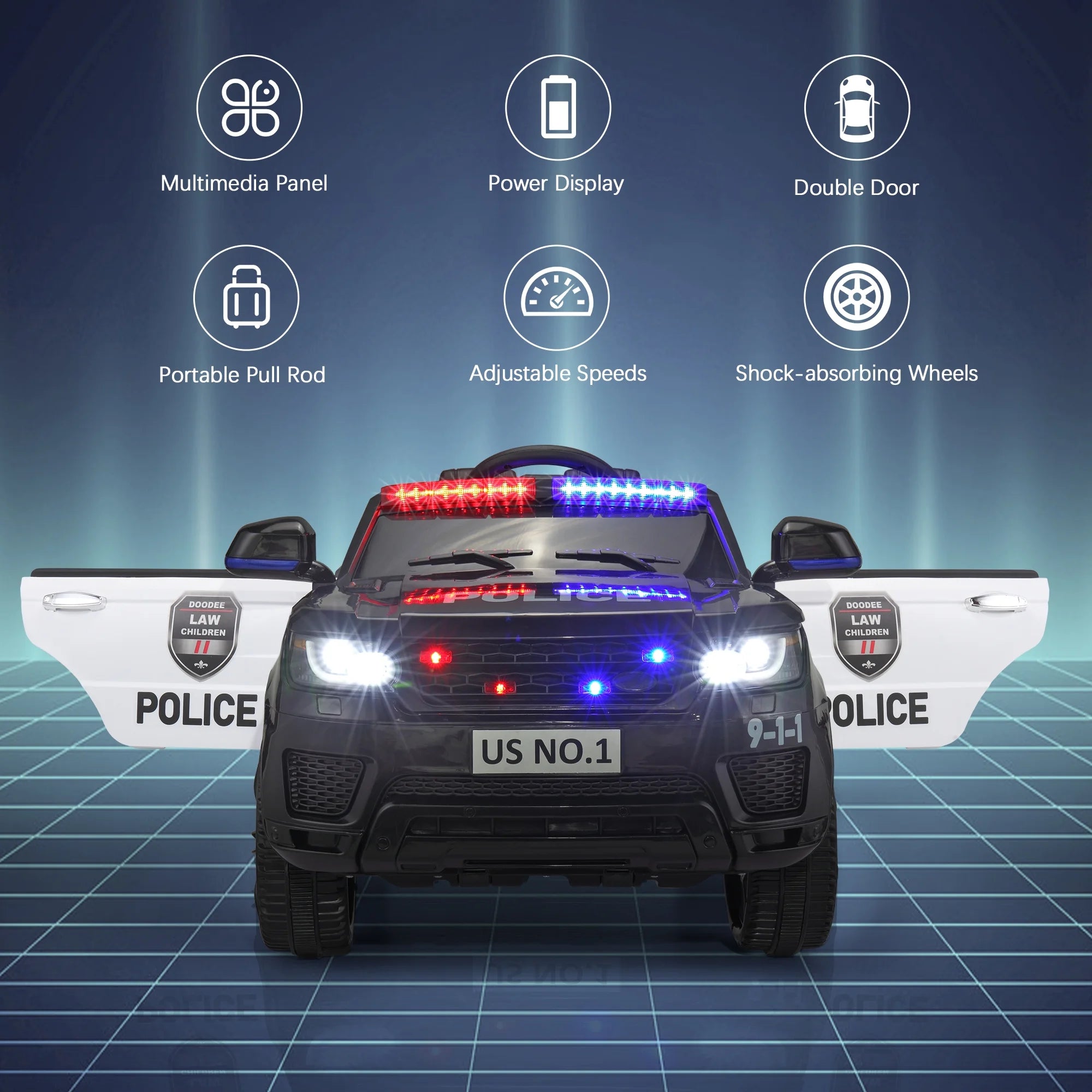 🚓 12V Police Car Ride-On with Remote Control, Real Megaphone, Music, LED Siren &amp; Bluetooth – For Kids Ages 3-8