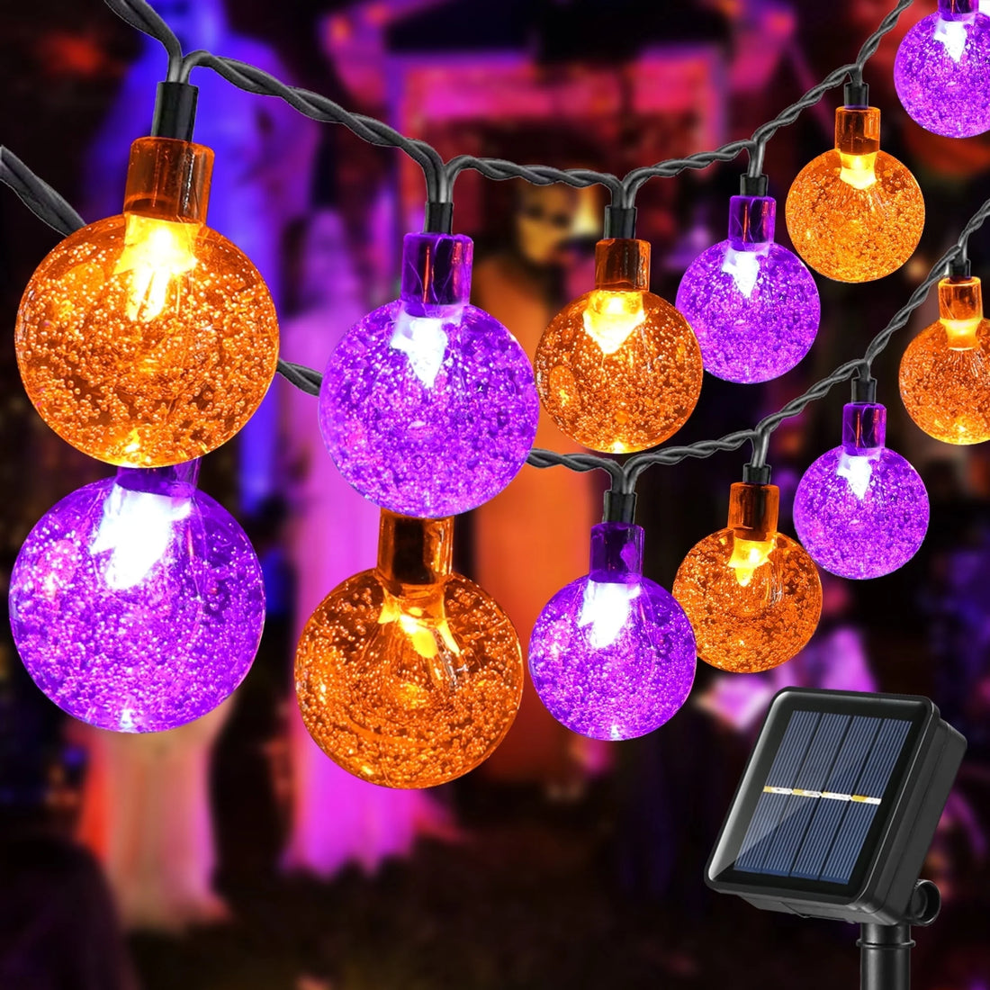 Solar Halloween String Lights – 35.6Ft 60 LED Orange &amp; Purple Globe Lights with 8 Modes, Waterproof Outdoor Lights for Patio, Garden, Yard, Porch &amp; Halloween Decor