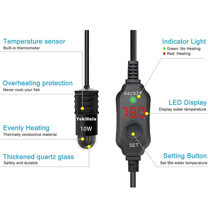 Evjurcn Aquarium Heater 10W Mini Fish Tank Heater with Digital Display Thermostat Adjustable Temperature 64~93F Set Arbitrarily 5V/2A USB Powered Automatic Power-Off for 1 to 5L Tanks(Black)