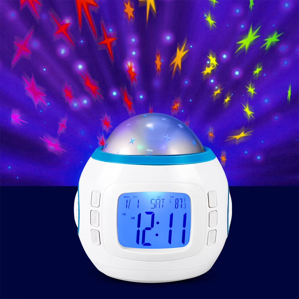 Starry Nightlight Alarm Clock for Kids – Digital Star Projection Clock with Sunrise Simulation, Music, Thermometer, Calendar &amp; Backlight (White)