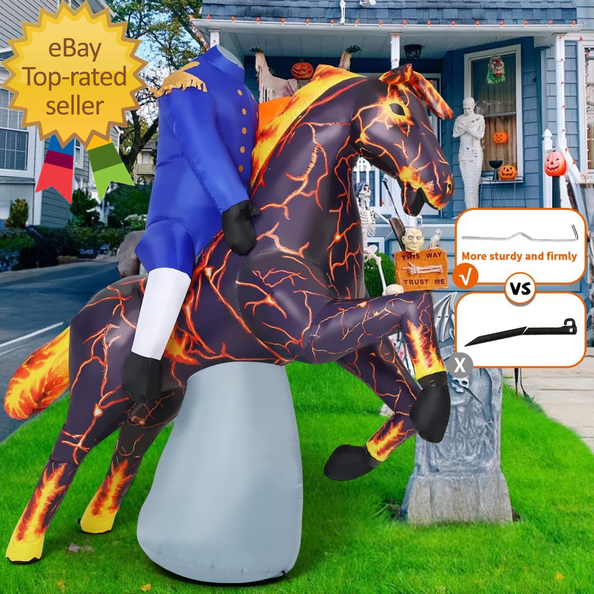 🎃💨 6FT Long Halloween Inflatable Headless Horseman – Spooky Outdoor Blow-Up Decoration with LED Lights for Yard, Lawn, or Garden Display