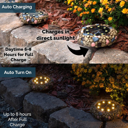 Solar LED Rock Pathway Lights – 6-Pack, Waterproof, Auto On/Off, Stainless Polyresin, 360° Spotlight Glow for Garden, Lawn, Walkway &amp; Yard