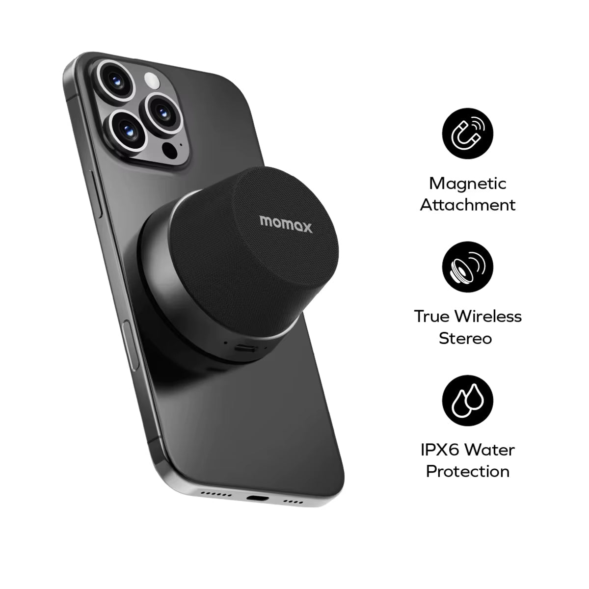 MOMAX 1-Vibe Go: Magnetic Wireless Speaker &amp; Phone Stand with IPX6 Waterproof Protection