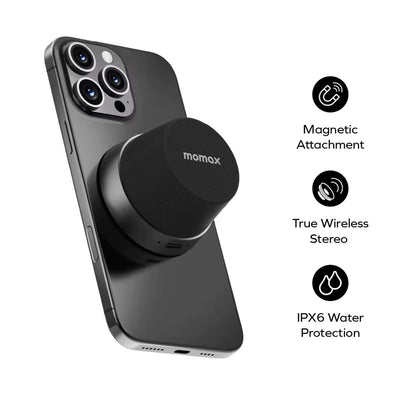 MOMAX 1-Vibe Go: Magnetic Wireless Speaker &amp; Phone Stand with IPX6 Waterproof Protection