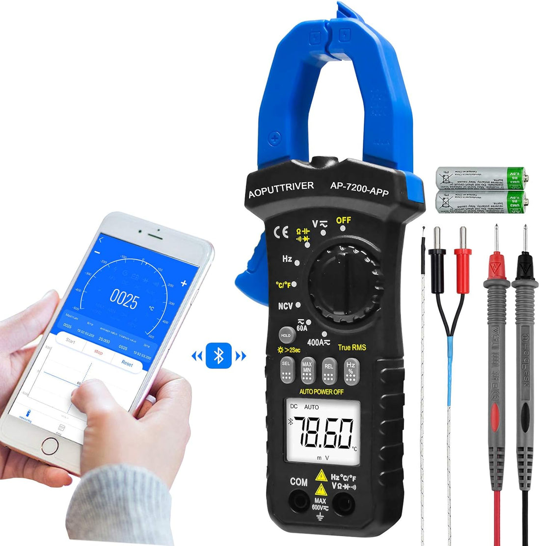🔧 AP-7200APP Bluetooth Digital Clamp Meter – Auto-Ranging 6000 Counts Multimeter for AC/DC Current, Voltage, Resistance, Capacitance &amp; Continuity Testing