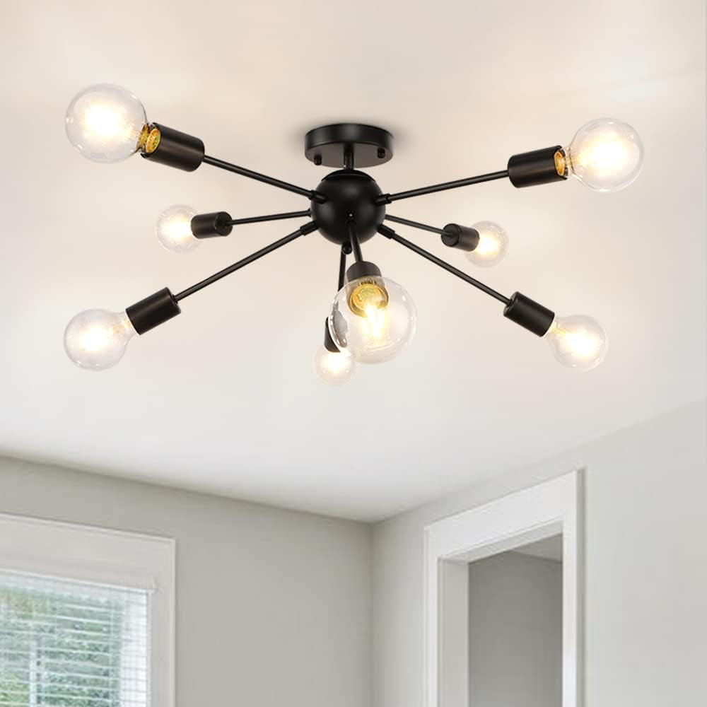 Black 8-Light Semi-Flush Mount Ceiling Light – Sputnik Retro Industrial Chandelier for Kitchen, Living Room, Dining Room, Bedroom &amp; Hallway