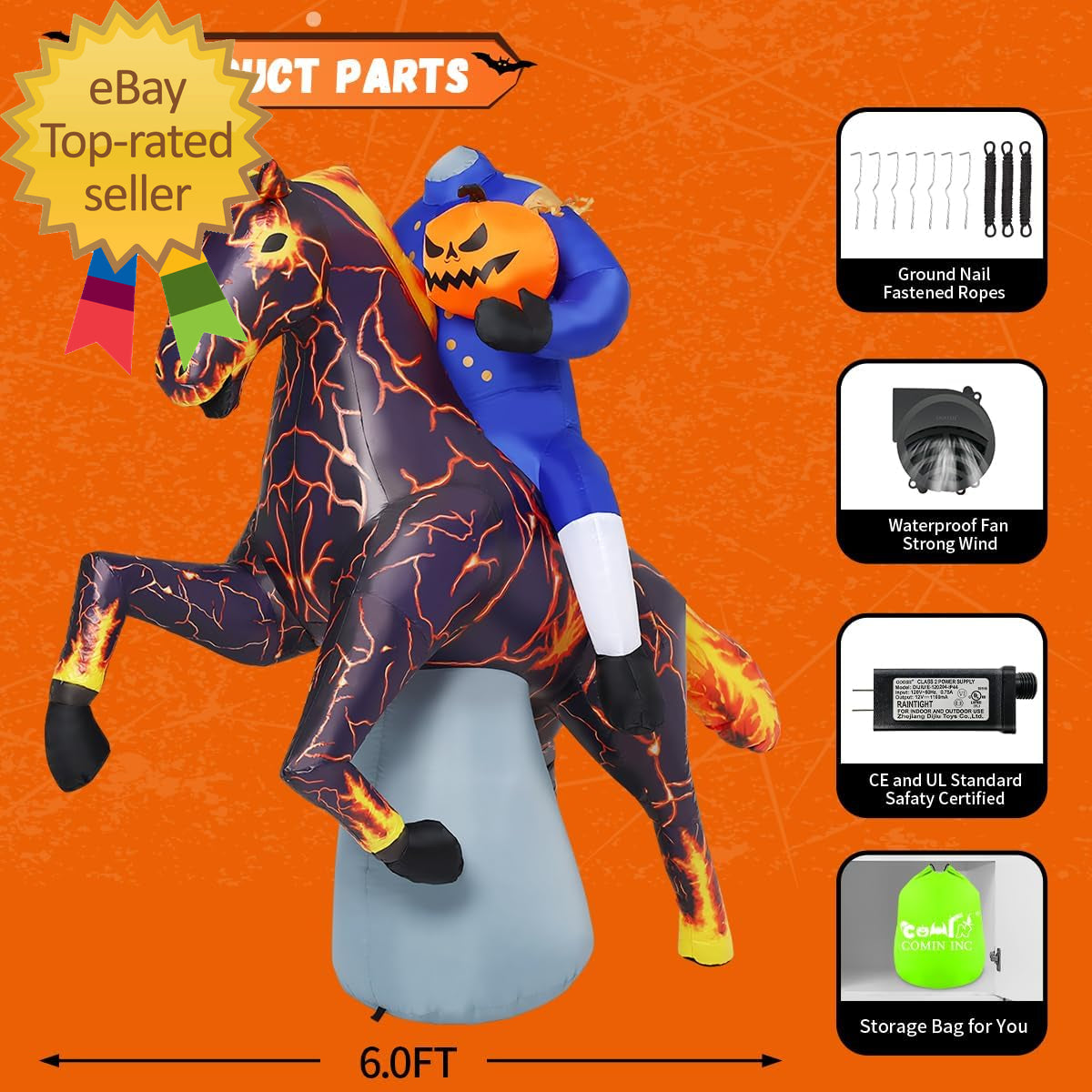 🎃💨 6FT Long Halloween Inflatable Headless Horseman – Spooky Outdoor Blow-Up Decoration with LED Lights for Yard, Lawn, or Garden Display