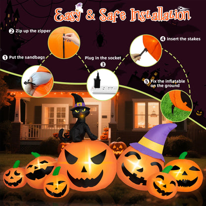 8FT Long Halloween Inflatable Pumpkins – Blow-Up Yard Decor with Witch Hat, Black Cat &amp; Built-In LED Lights for Lawn, Garden, Party &amp; Outdoor Displays