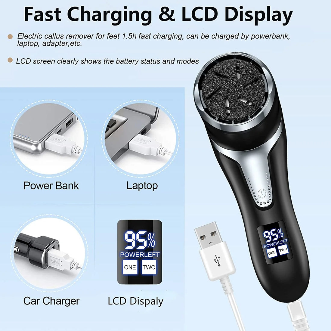 Electric Foot Callus Remover with Vacuum Cleaner – Rechargeable Foot File Dead Skin Remover with 2-Speed Settings, 3 Grinding Heads, LCD Display – Professional Black Foot Care Kit