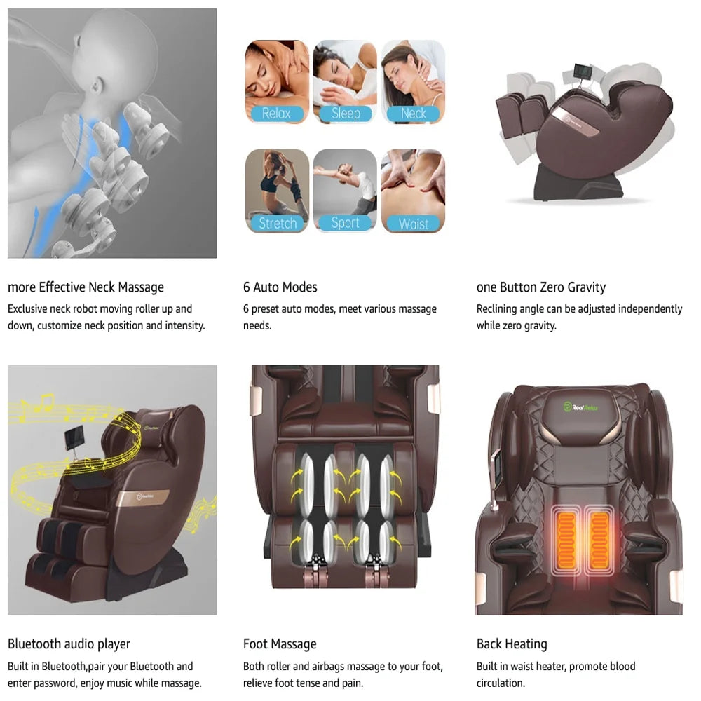 S Track Massage Chair — Full Body Zero Gravity Shiatsu Recliner with Smart Voice Controller, Brown