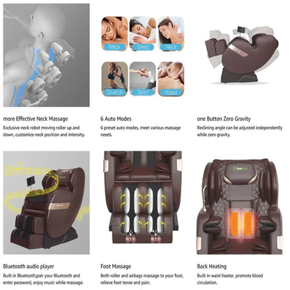 S Track Massage Chair — Full Body Zero Gravity Shiatsu Recliner with Smart Voice Controller, Brown