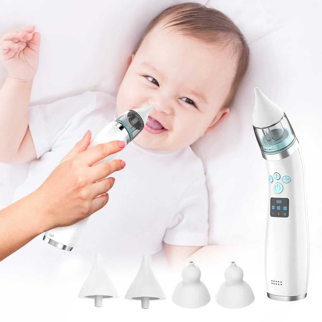 Electric Baby Nasal Aspirator with Music – Automatic Infant Nose Cleaner with 4 Replacement Nozzles, 3 Adjustable Suction Levels &amp; USB Rechargeable