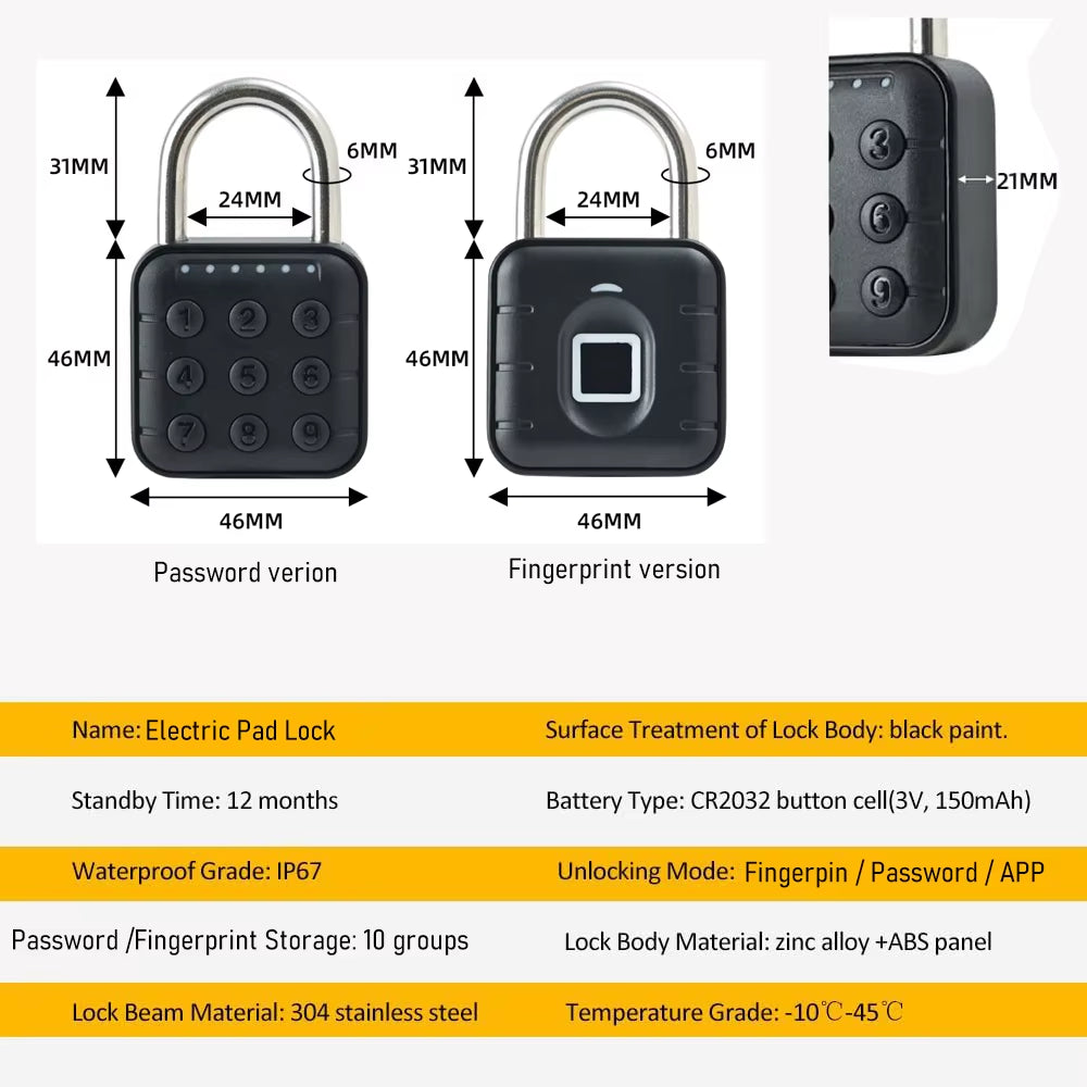 Tuya Bluetooth Fingerprint Padlock – Smart Electronic Lock with App Control, Temporary Passwords, IP67 Waterproof