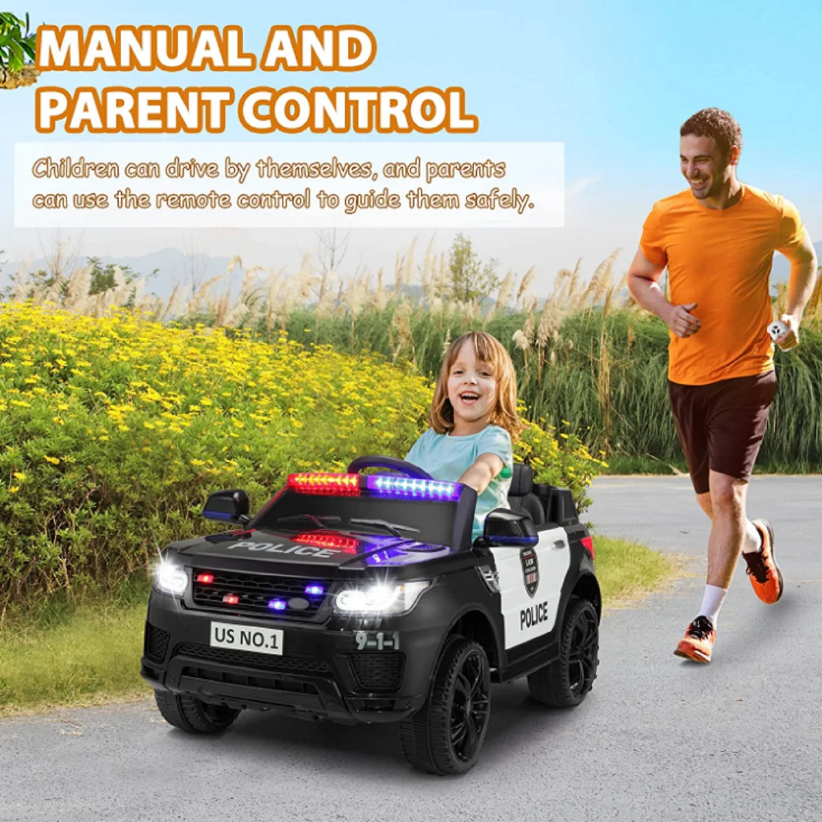🚓 12V Police Car Ride-On with Remote Control, Real Megaphone, Music, LED Siren &amp; Bluetooth – For Kids Ages 3-8