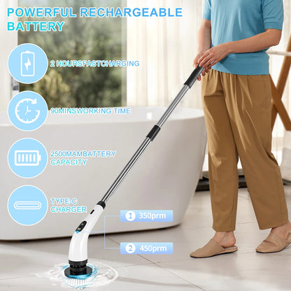 🧼 Electric Spin Scrubber – Cordless Cleaning Brush with 8 Interchangeable Heads &amp; Extendable Handle for Bathroom, Kitchen, Tile, and Floor Cleaning