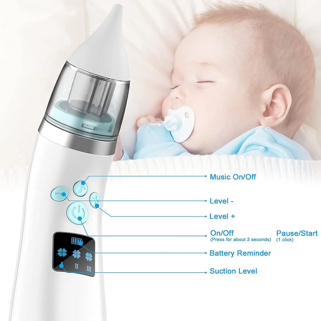 Electric Baby Nasal Aspirator with Music – Automatic Infant Nose Cleaner with 4 Replacement Nozzles, 3 Adjustable Suction Levels &amp; USB Rechargeable