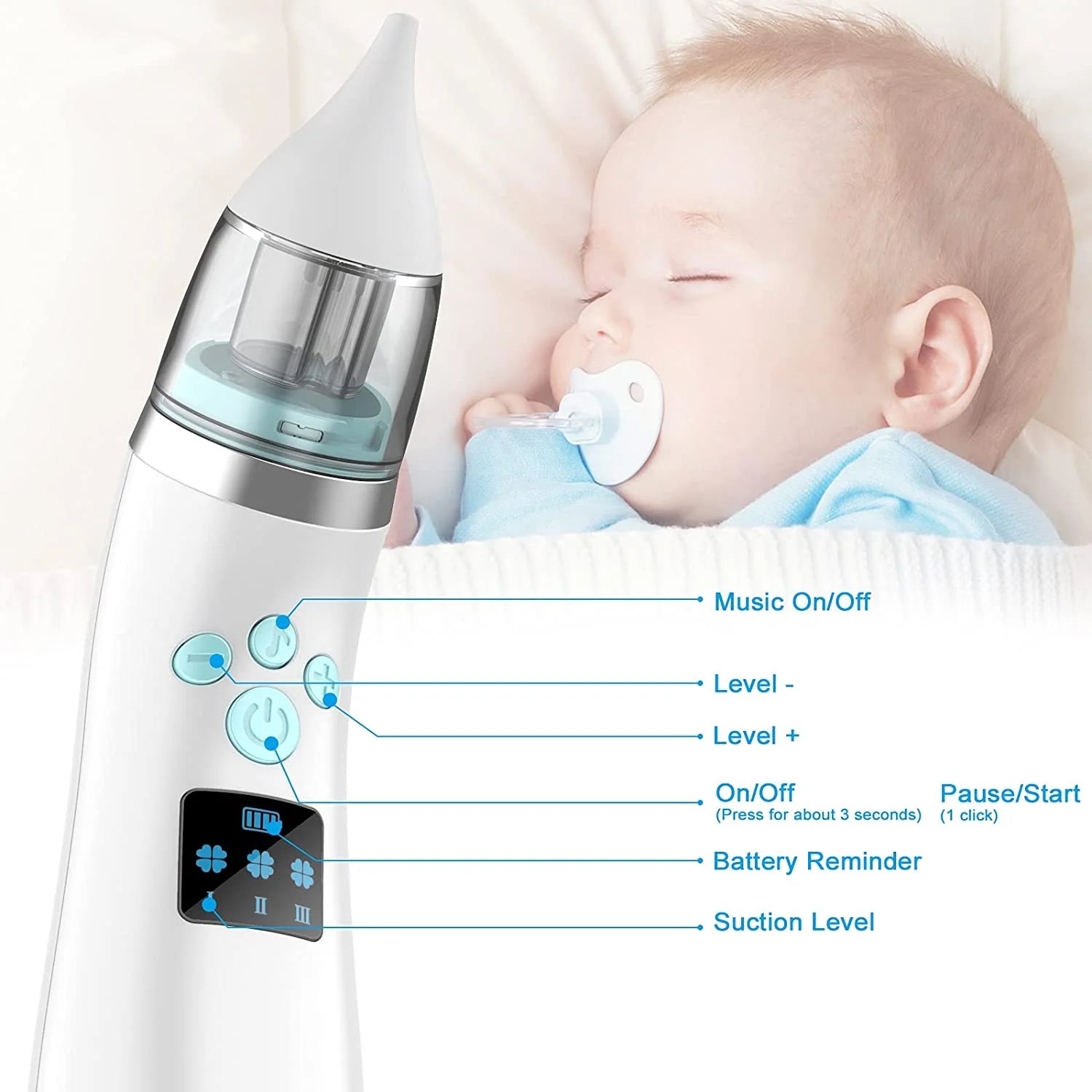 Electric Baby Nasal Aspirator with Music – Automatic Infant Nose Cleaner with 4 Replacement Nozzles, 3 Adjustable Suction Levels &amp; USB Rechargeable