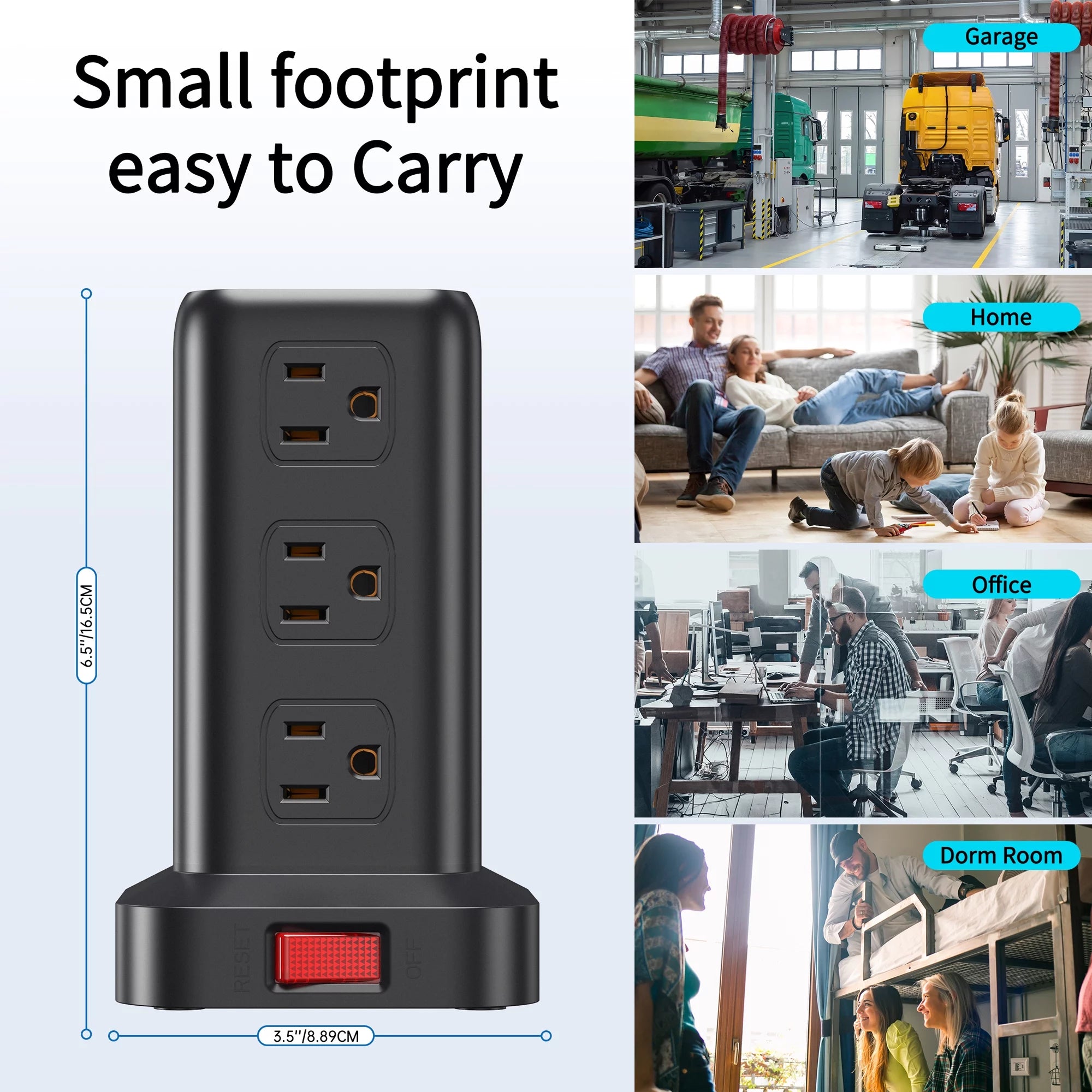 Power Strip Tower – 12 Outlets with 4 USB Ports, Surge Protector Charging Station with 6.5Ft Extension Cord (Black)