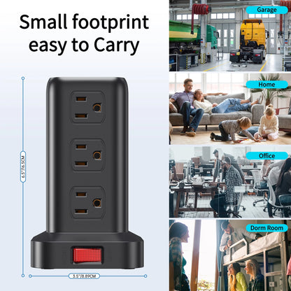 Power Strip Tower – 12 Outlets with 4 USB Ports, Surge Protector Charging Station with 6.5Ft Extension Cord (Black)
