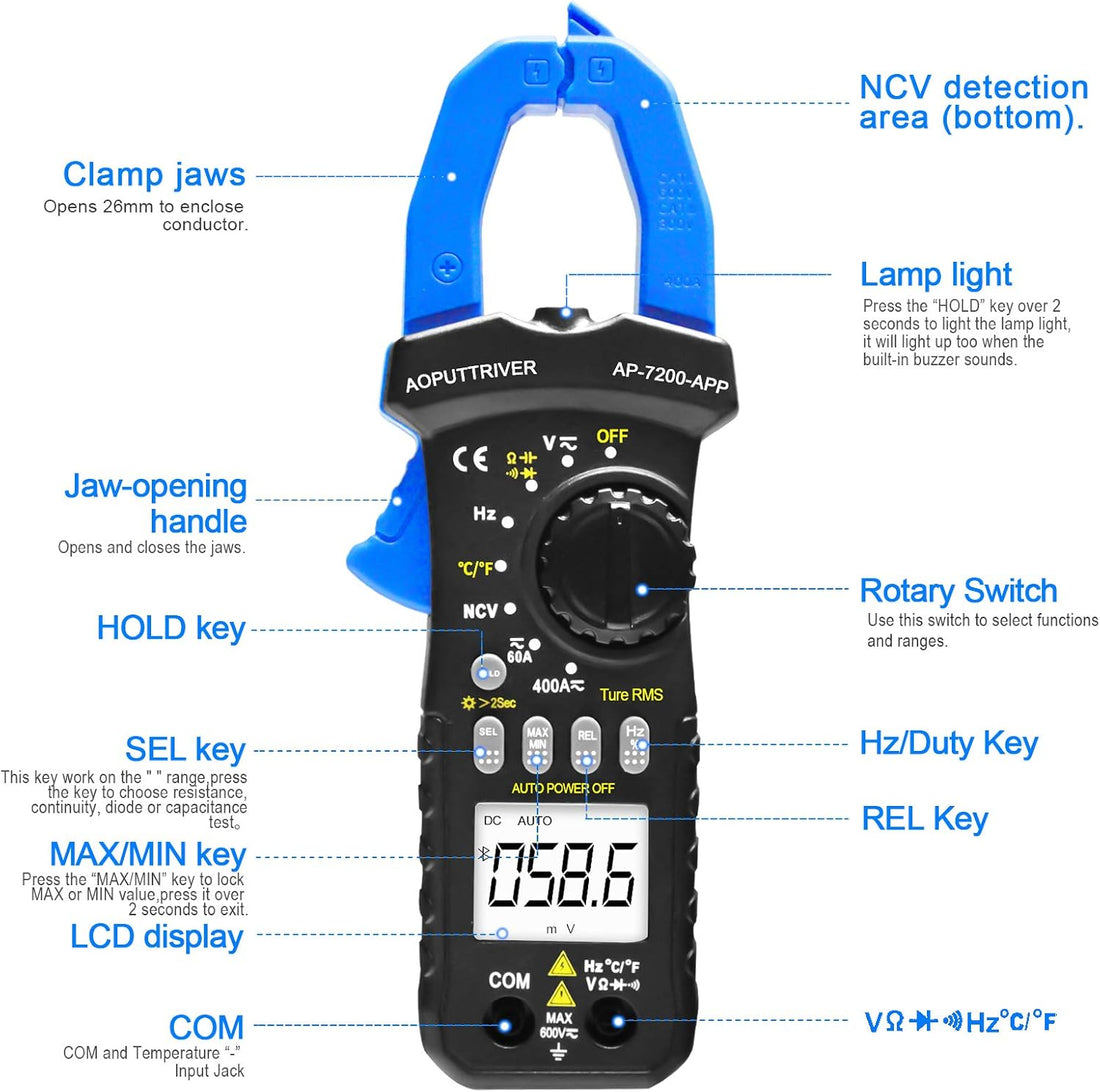 🔧 AP-7200APP Bluetooth Digital Clamp Meter – Auto-Ranging 6000 Counts Multimeter for AC/DC Current, Voltage, Resistance, Capacitance &amp; Continuity Testing