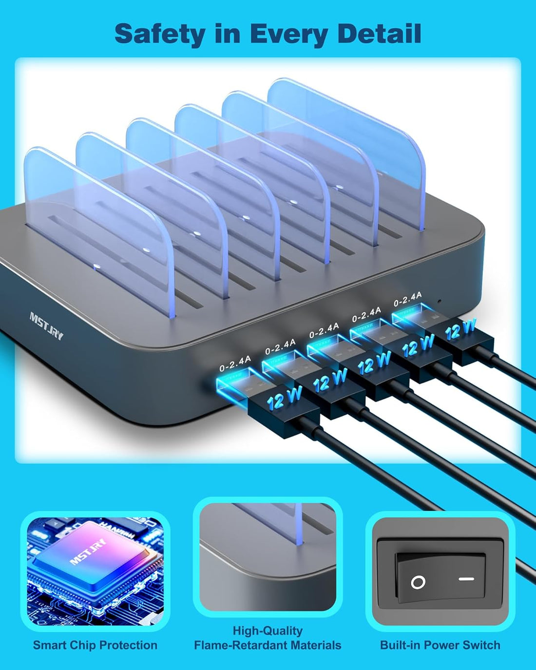 5-Port Multi USB-A Charging Station with Organizer Dock – Includes 7 Short Cables | Compatible with iPhone, iPad, Cell Phones &amp; Tablets | Gray