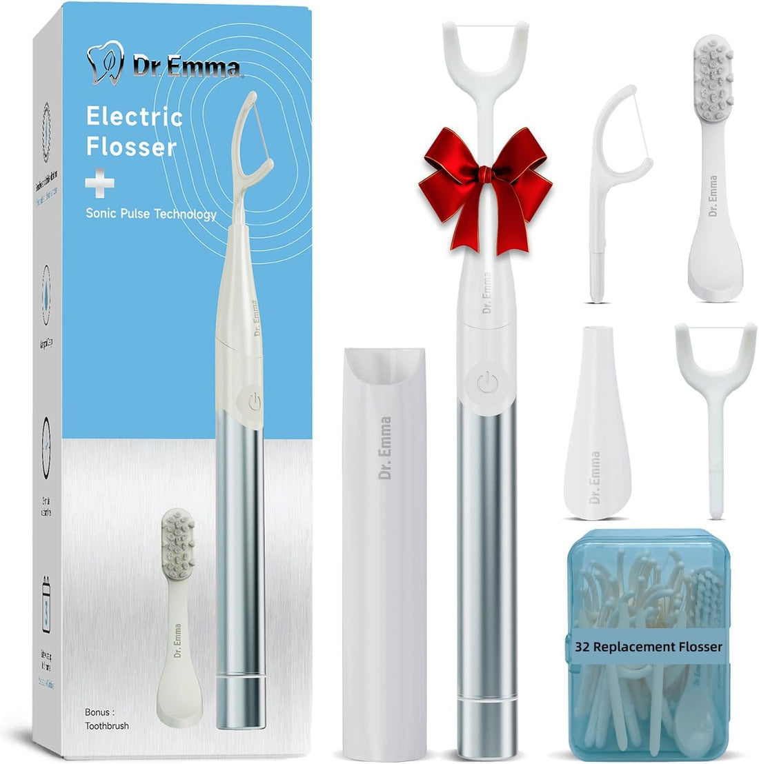 Electric Vibration Flosser – Power Flosser for Adults, Gum Stimulator &amp; Teeth Cleaner with Toothbrush, Reusable Water Flosser Alternative – Baby Blue