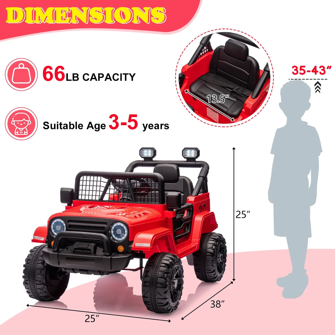 2V Kids Ride-On Truck Car with Parent Remote Control, LED Lights – Red: