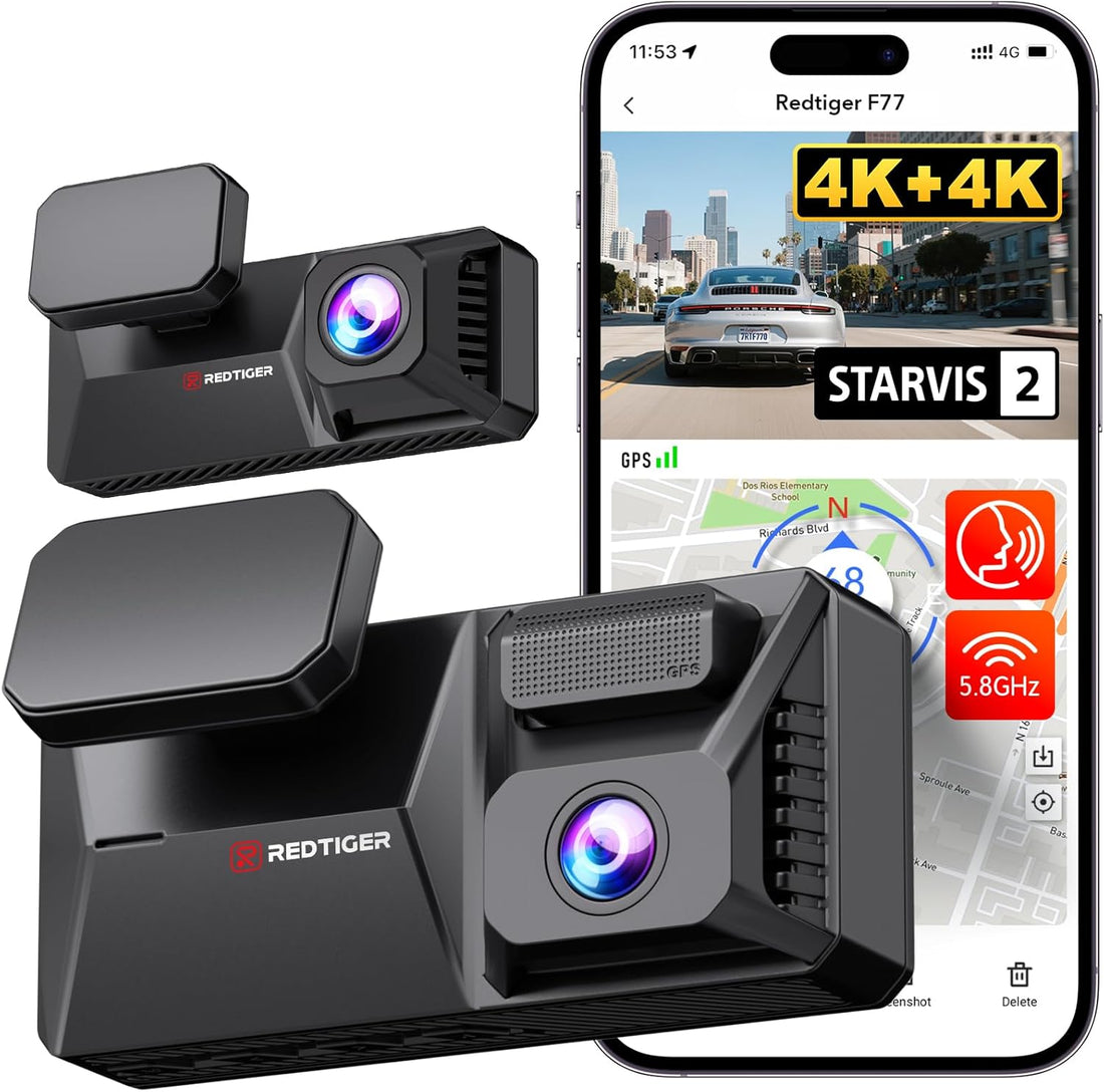 F77 Dual 4K+4K Dash Cam Front &amp; Rear – STARVIS 2 IMX678 HDR, 128GB Built-In Storage, Voice Control &amp; More