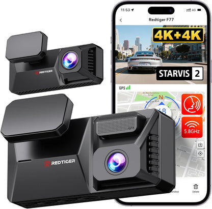 F77 Dual 4K+4K Dash Cam Front &amp; Rear – STARVIS 2 IMX678 HDR, 128GB Built-In Storage, Voice Control &amp; More