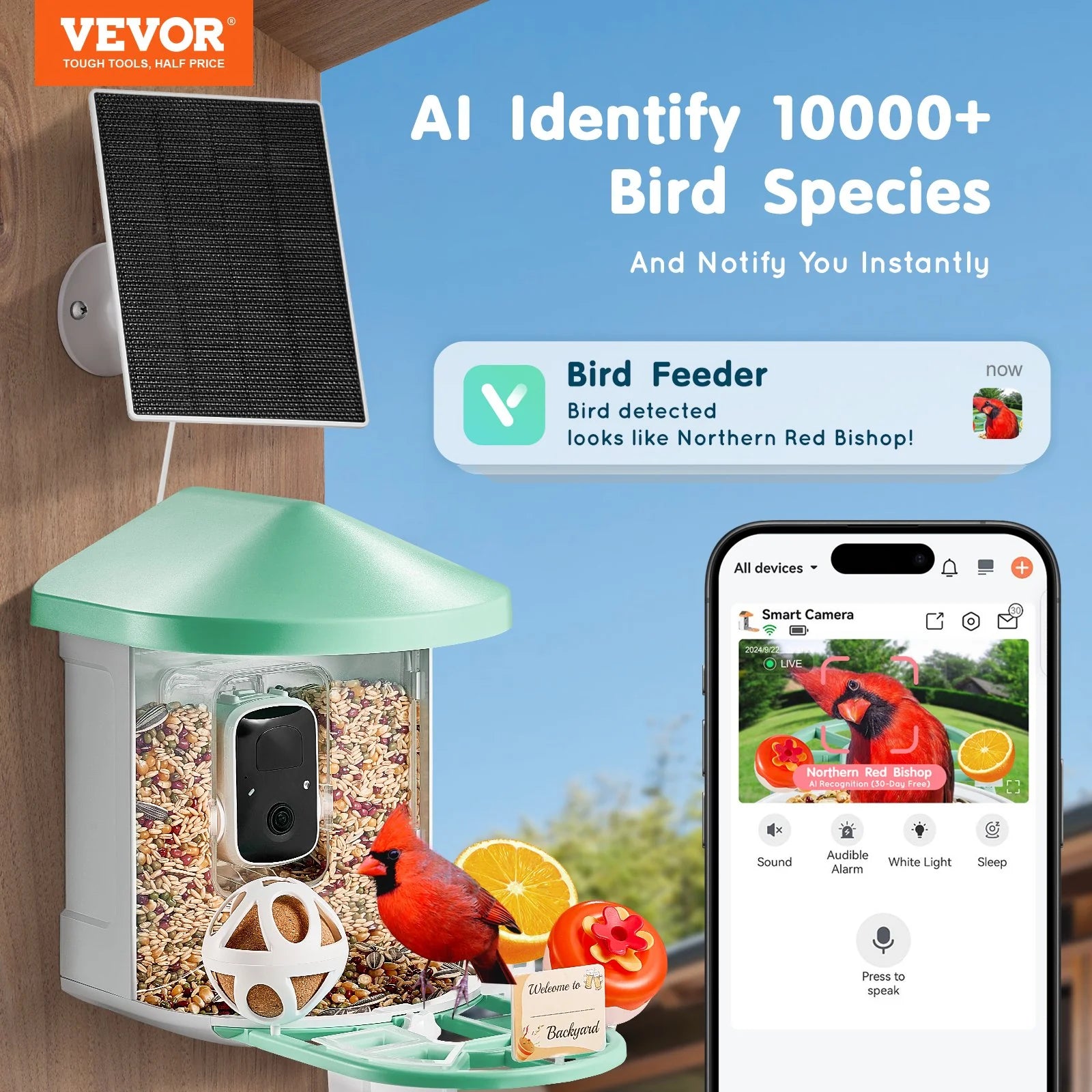 VEVOR Smart Bird Feeder with Camera – 2K HD AI Bird Recognition, Auto Capture, Night Vision, Solar Powered, Motion Detection &amp; App Control