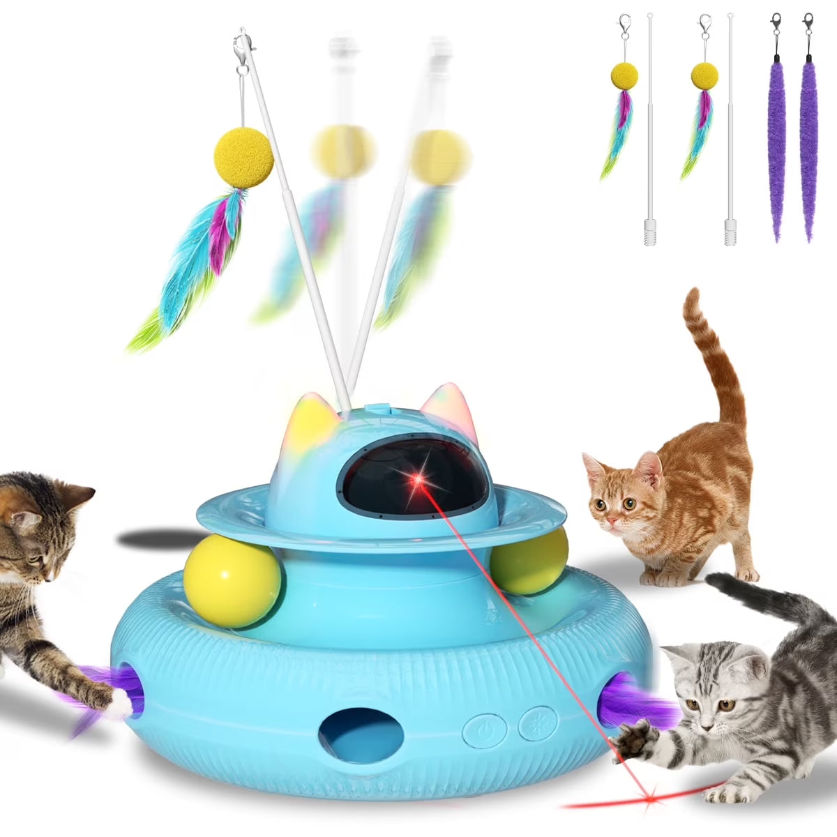 4-in-1 Interactive Cat Toy – USB Rechargeable Smart Feather Wand with Red Laser, Indoor Exercise Kitten Toy