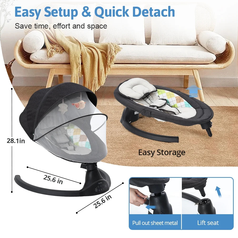🍼 Electric Baby Swing with Bluetooth Music – 5 Sway Modes, 3 Timers, Black Infant Bouncer Rocker