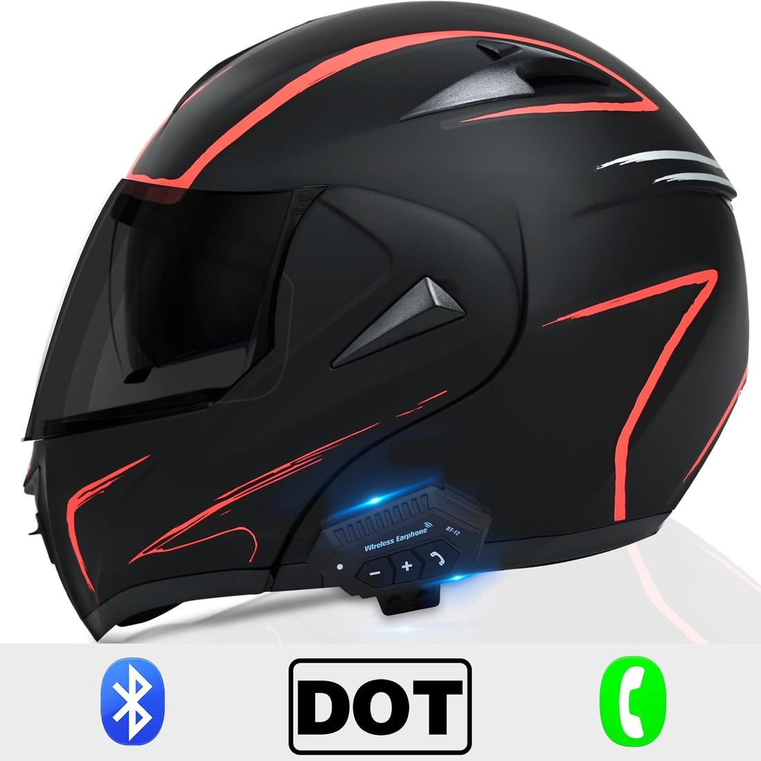 Motorcycle Bluetooth Modular Helmet – DOT Approved Full-Face Flip-Up Helmet with Dual Visor &amp; Integrated Bluetooth for Men &amp; Women