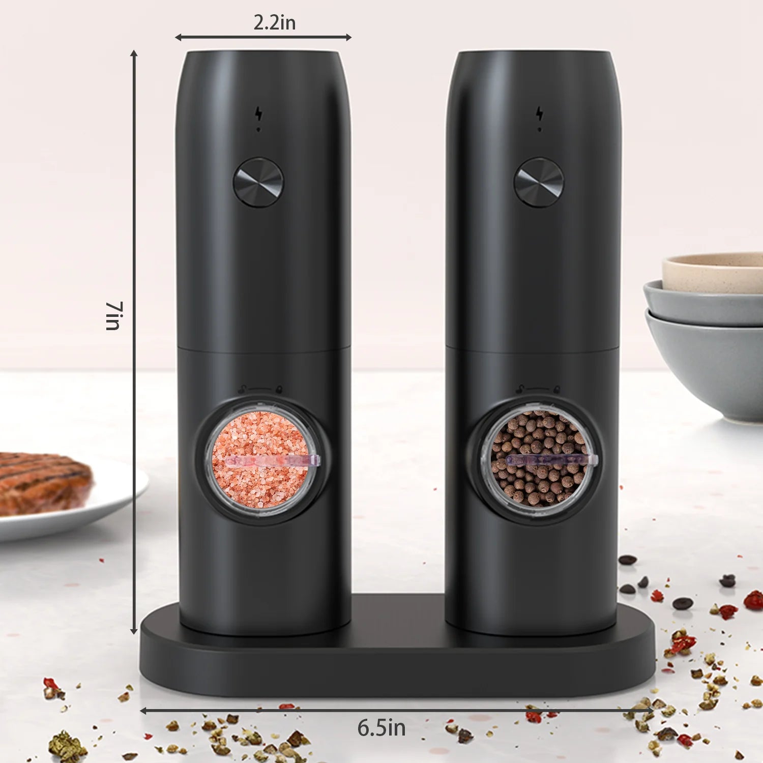 Electric Salt and Pepper Grinder Set – 2-Pack Rechargeable, Adjustable Coarseness, One-Handed Operation with LED Light