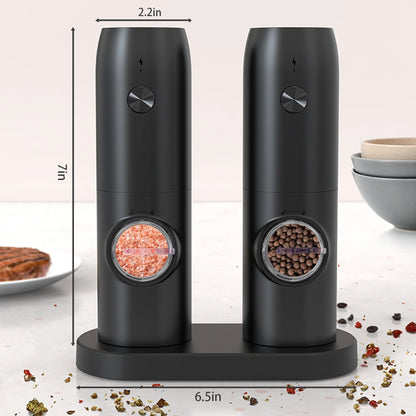 Electric Salt and Pepper Grinder Set – 2-Pack Rechargeable, Adjustable Coarseness, One-Handed Operation with LED Light