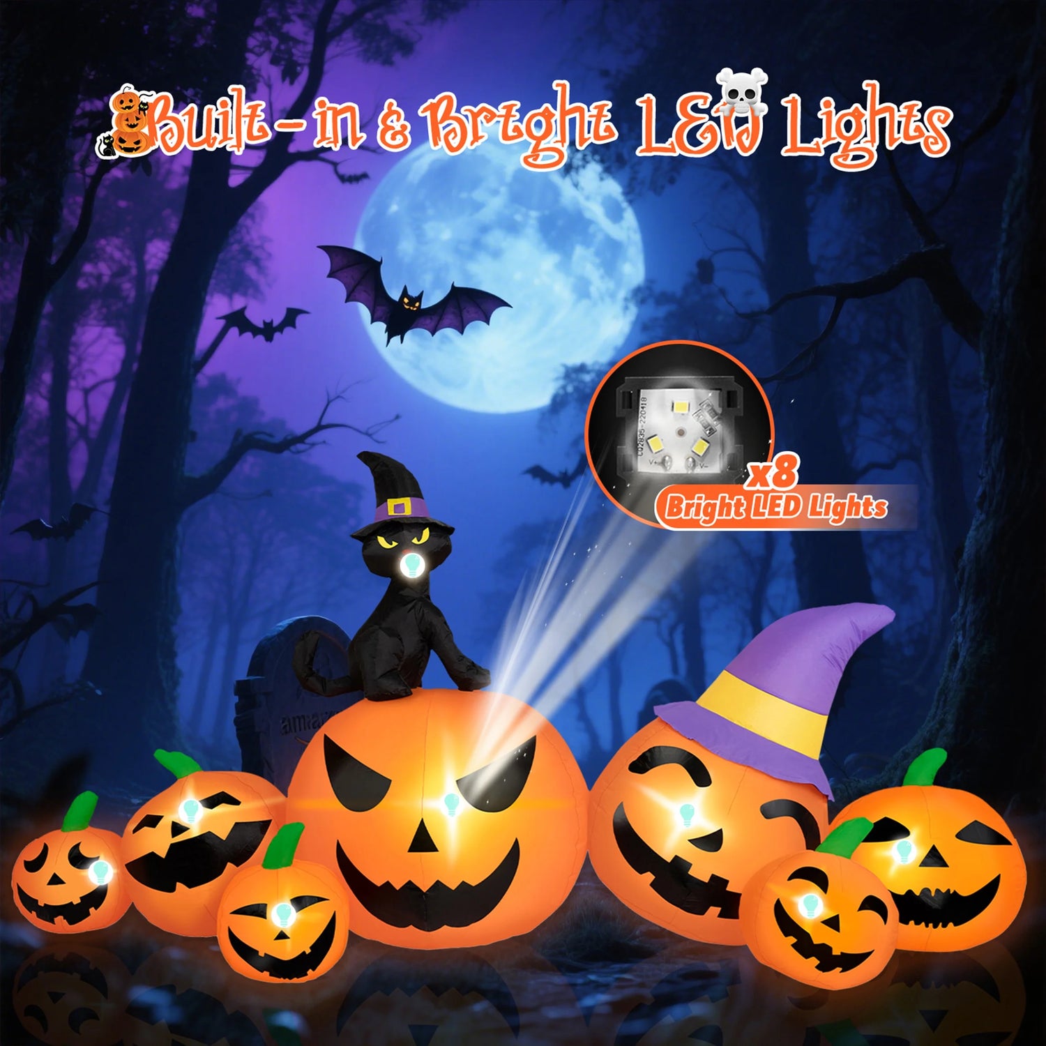 8FT Long Halloween Inflatable Pumpkins – Blow-Up Yard Decor with Witch Hat, Black Cat &amp; Built-In LED Lights for Lawn, Garden, Party &amp; Outdoor Displays