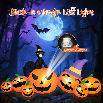 8FT Long Halloween Inflatable Pumpkins – Blow-Up Yard Decor with Witch Hat, Black Cat &amp; Built-In LED Lights for Lawn, Garden, Party &amp; Outdoor Displays