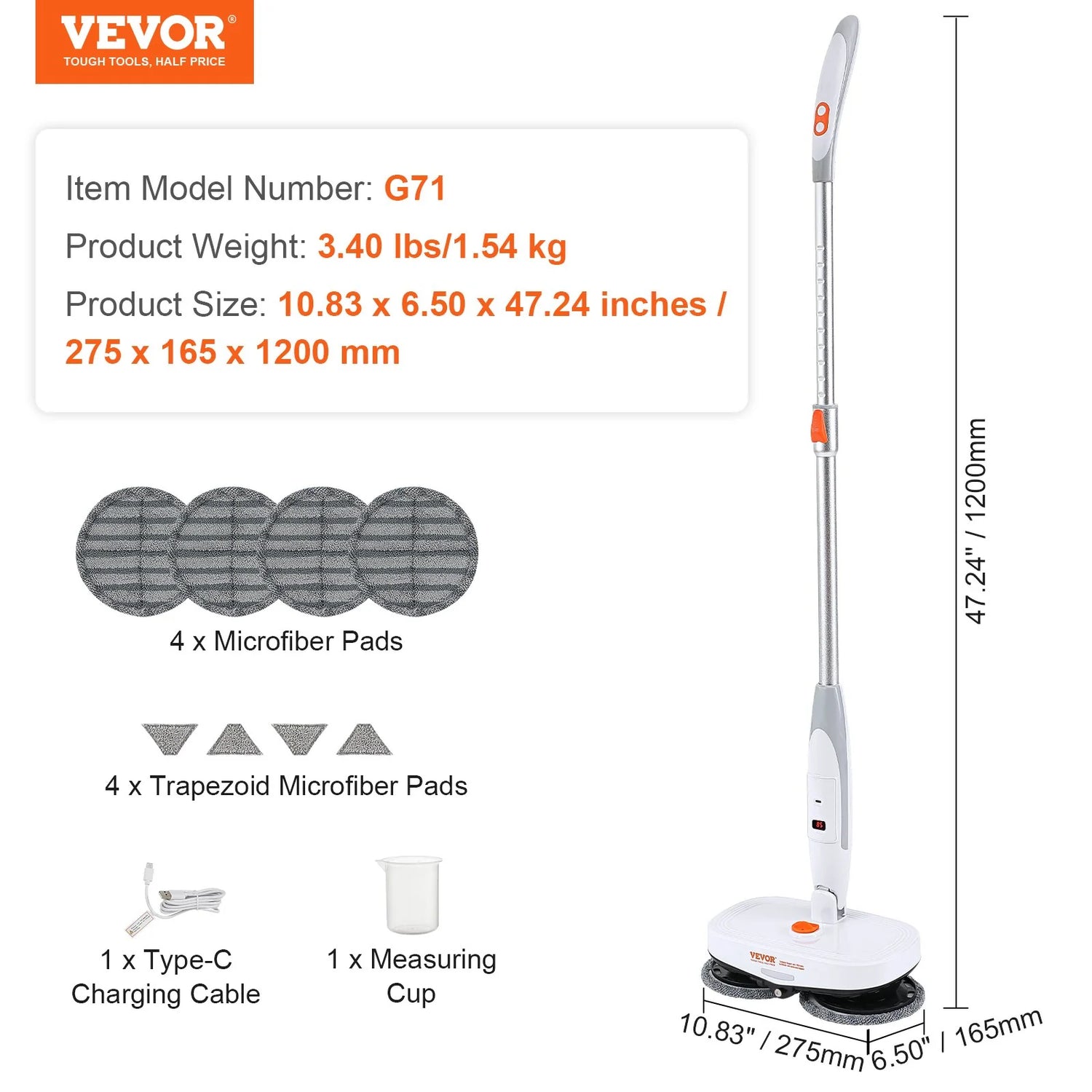 VEVOR Cordless Electric Spin Mop – Battery-Powered Floor Cleaner with Water Tank, LED Headlight, Dual Mop Heads &amp; Microfiber Pads for Hardwood, Tile, and Laminate