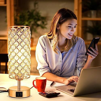 Crystal Table Lamp for Bedroom with USB-C, USB-A, and USB-C+A Charging Ports | Elegant Gold Finish
