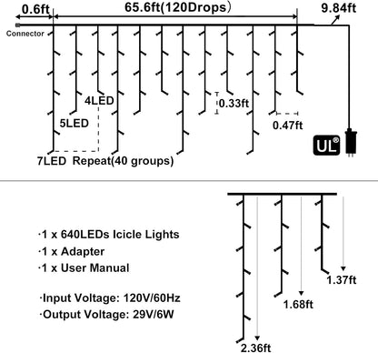 66Ft 640 LED White Icicle Christmas Lights – Waterproof Outdoor/Indoor Holiday Lights with 8 Modes &amp; Timer – Plug-In Connectable for House, Roof, Yard, Eaves &amp; Party Decor