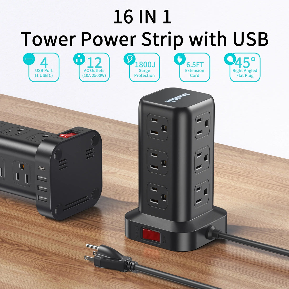 Power Strip Tower – 12 Outlets with 4 USB Ports, Surge Protector Charging Station with 6.5Ft Extension Cord (Black)