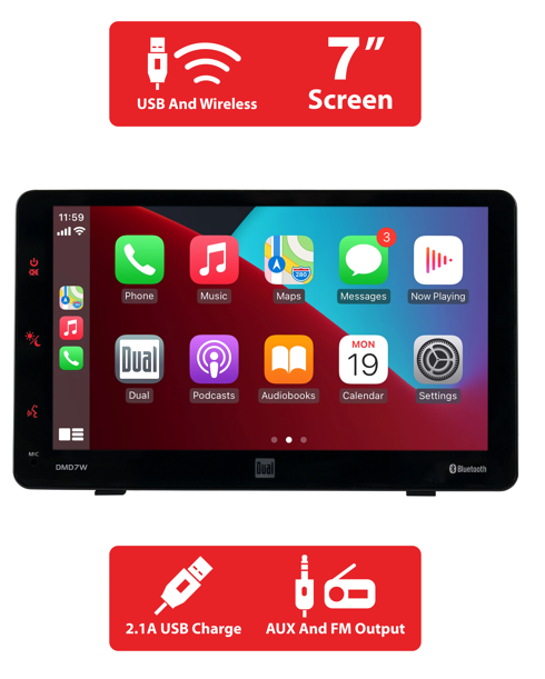 7&quot; Touchscreen Portable Dash Mount Car Stereo Receiver with Wireless Apple CarPlay &amp; Android Auto – Bluetooth, USB – Model DMD7W