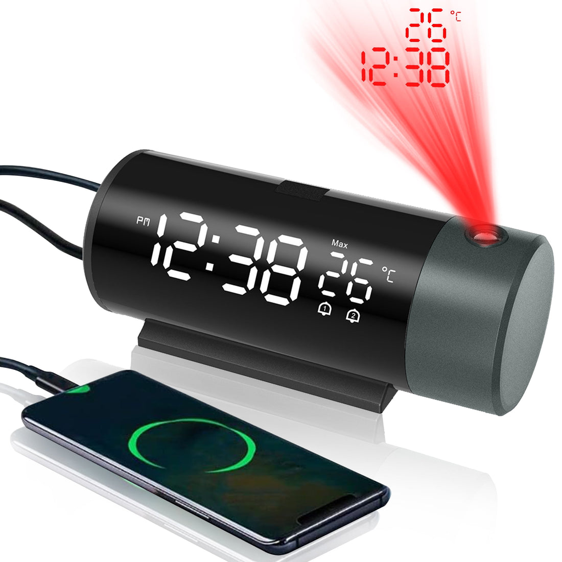 Projection Alarm Clock with USB Charger Ports – LED Digital Dual Alarm Clock with 180° Ceiling/Wall Rotating Projector, Dimmer &amp; Snooze for Bedroom, Home, or Office