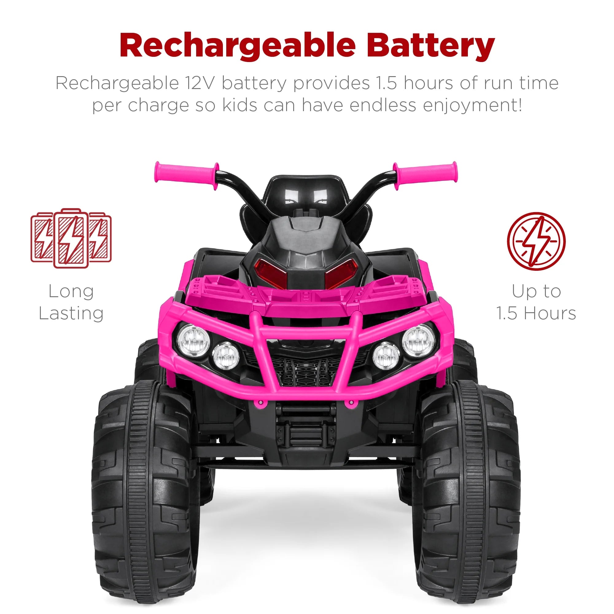 🚙 12V Kids Ride-On ATV Quad with Bluetooth, LED Lights, Treaded Tires &amp; Radio – Hot Pink
