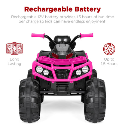 🚙 12V Kids Ride-On ATV Quad with Bluetooth, LED Lights, Treaded Tires &amp; Radio – Hot Pink