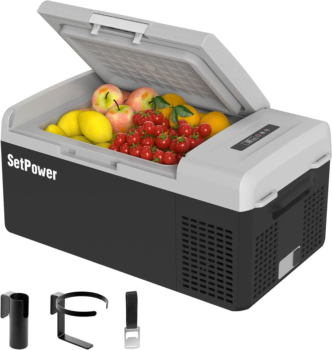 FC15 Portable 12V Car Refrigerator &amp; Freezer – 15L/15.8Qt Fast Cooling Electric Cooler with Dual Power (12/24V DC &amp; 110/240V AC) – Black &amp; Grey
