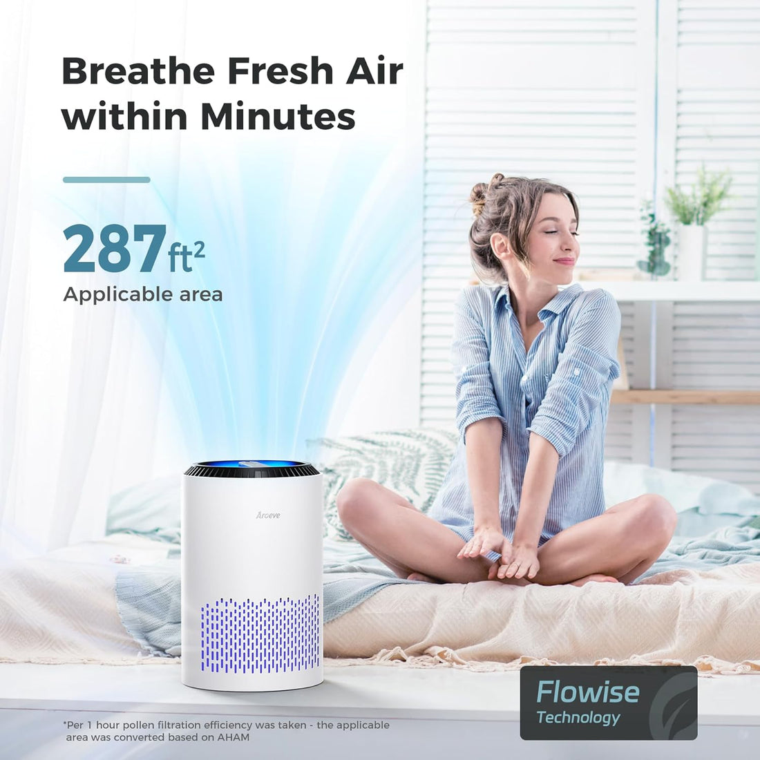 Air Purifier for Bedroom &amp; Home – 3-Layer Filter for Smoke, Pollen, Allergies, Pet Dander &amp; Odor | Sleep Mode, Energy Saving, 3 Speeds &amp; Timer | MK01 White