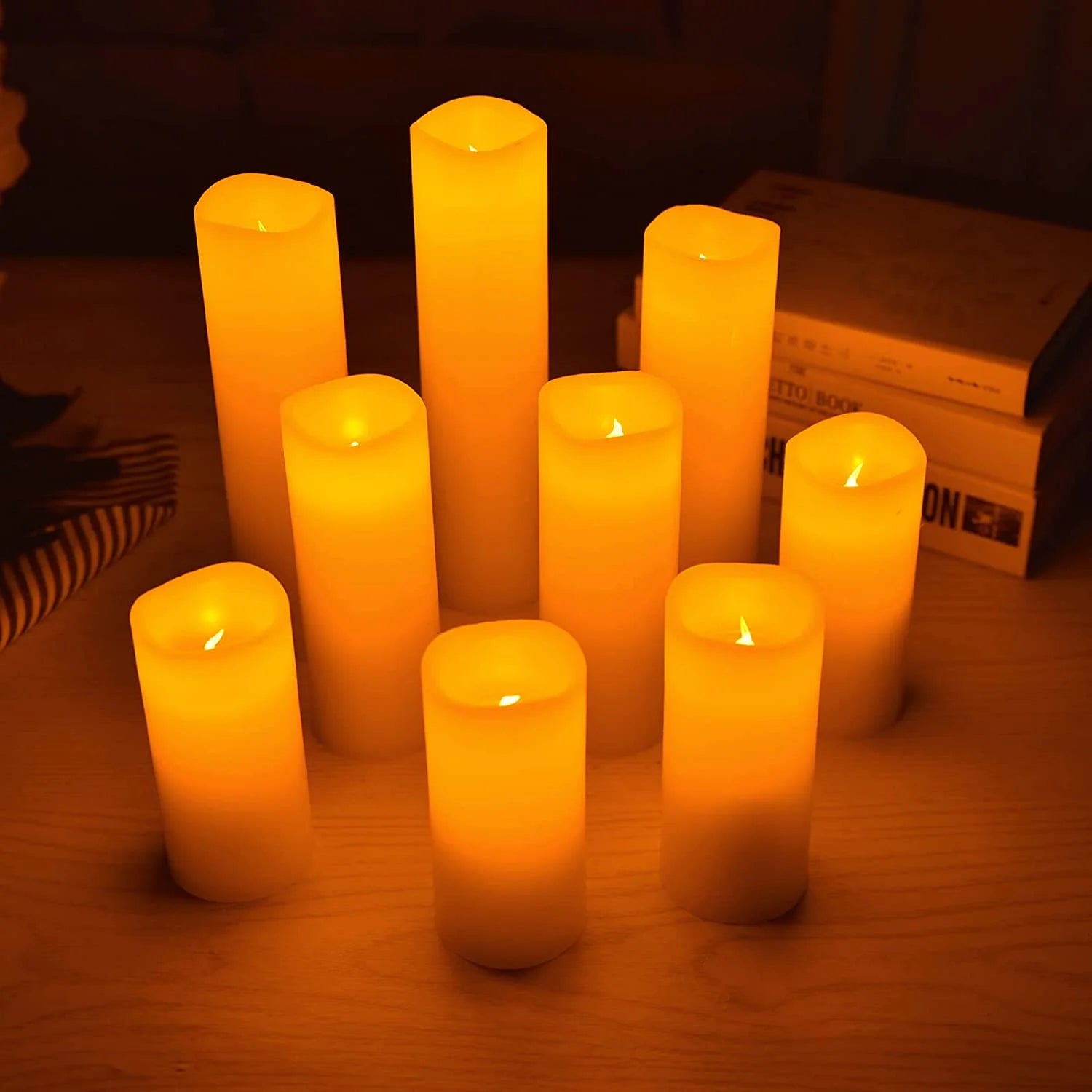 9-Pack Flameless Real Wax LED Pillar Candles – Battery Operated Ivory Electric Candles with Flickering Light, Remote Control &amp; Timer, 300+ Hours Use for Halloween &amp; Home Decor