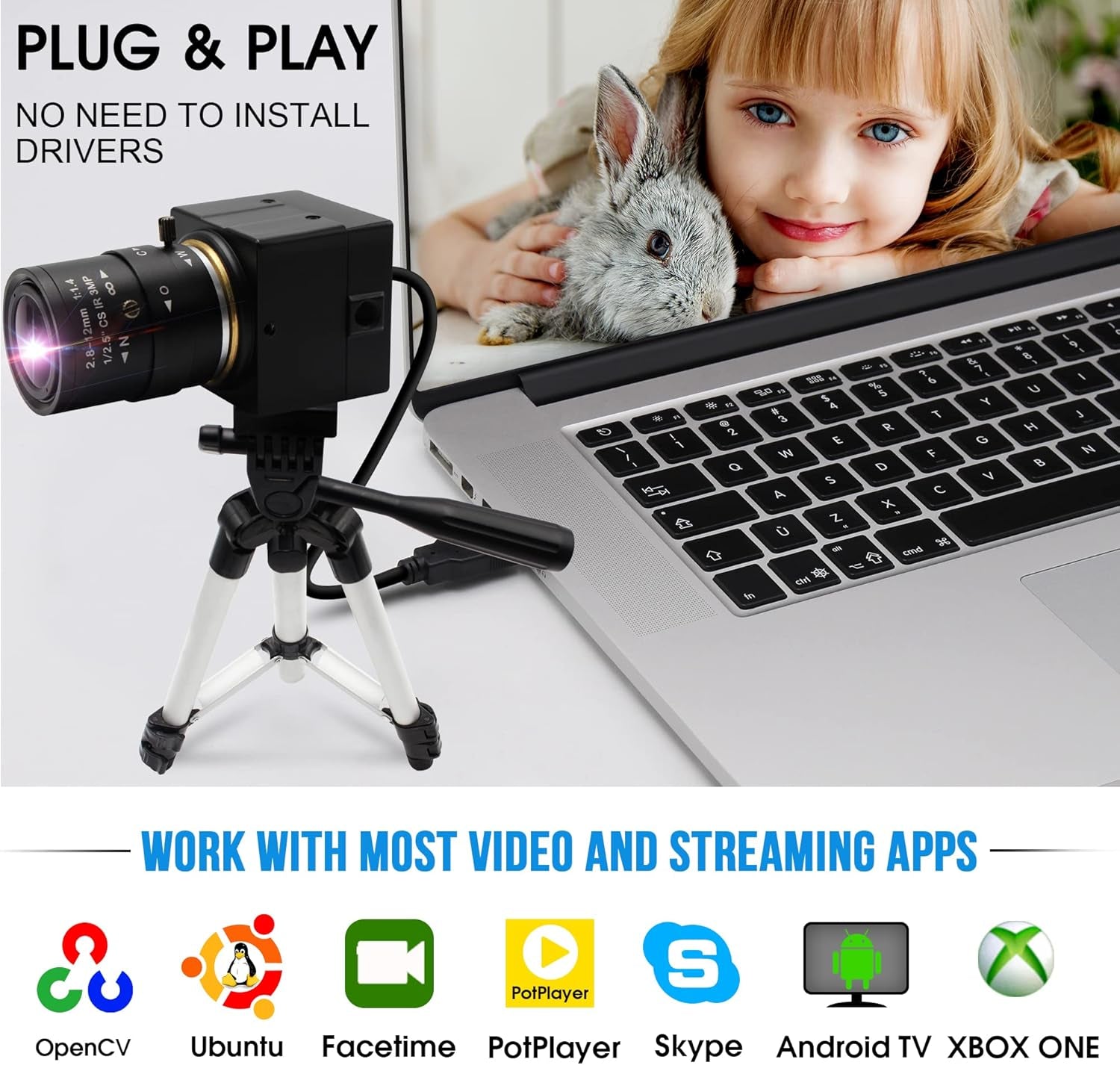 4K Ultra HD USB Camera with 2.8–12mm 4X Varifocal Manual Lens – UVC Compliant USB Webcam for Conference Calls, Live Streaming &amp; OpenCV Support