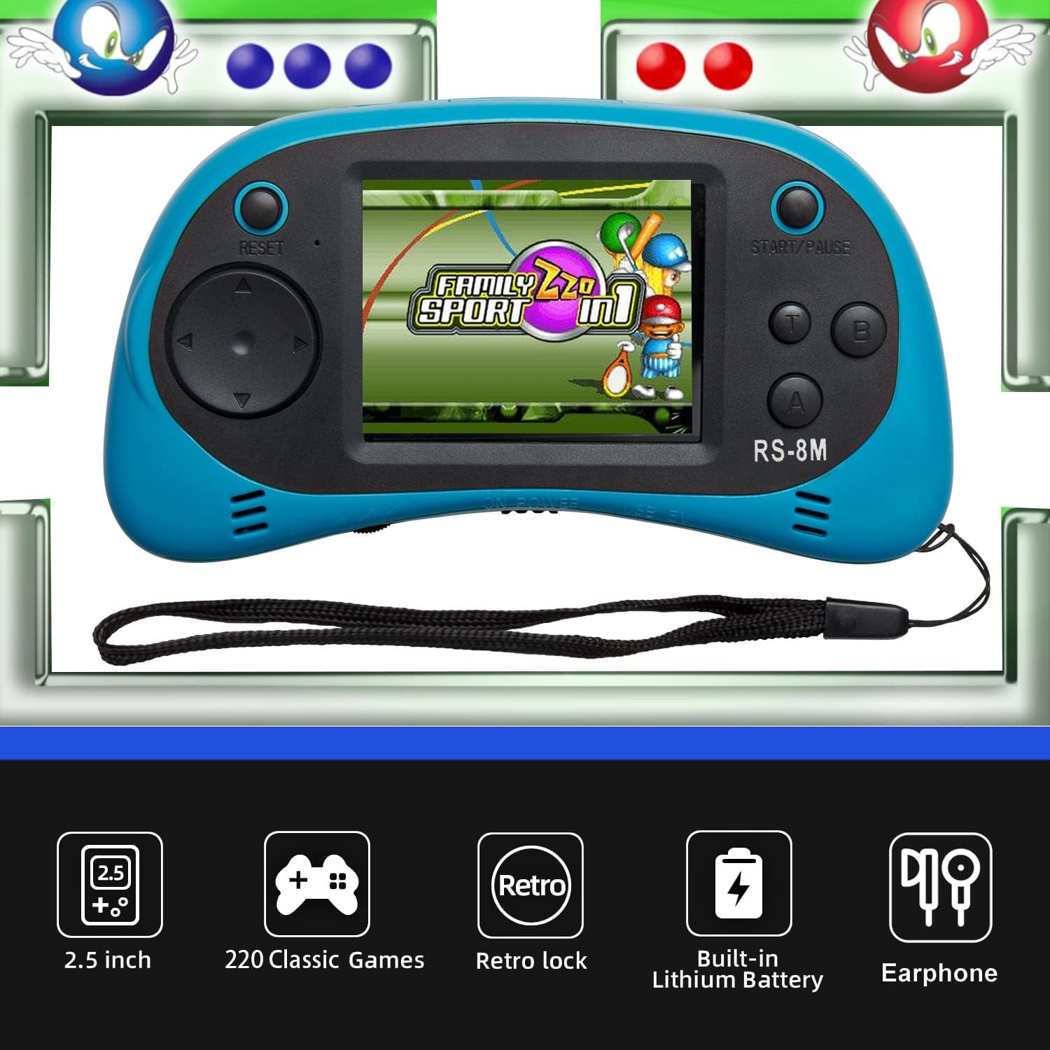 16-Bit Kids Handheld Game Console – 220 Built-In HD Games, 2.5" Portable Player with Headphones (Blue) | Travel Electronic Toy for Ages 3–10